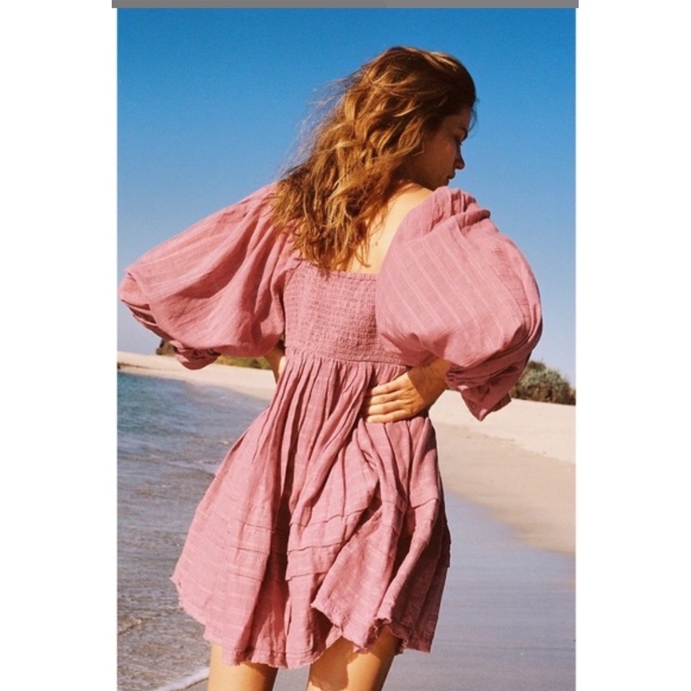 Free People Ari Mini Dress Pink Gauze Crochet Babydoll M Boho Cottage Romantic - Picture 3 of 9